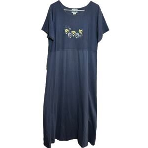 Vintage Boundary Line Maxi Dress Pansies Bees Cotton Short Sleeve Blue Large